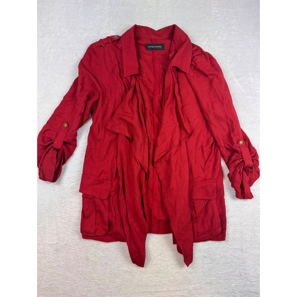 Victoria M Ortiz Red Open Front Waterfall Cardigan Jacket Roll Tab Sleeve Small